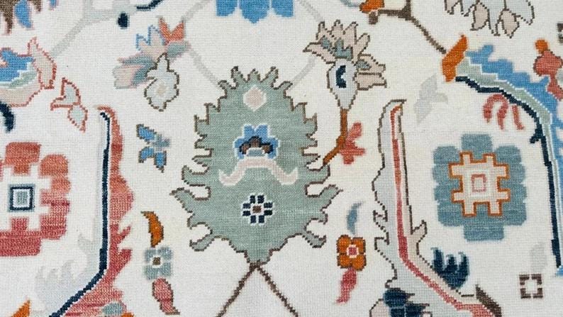 CAMBERTON Hand-Knotted Ivory Oushak Rug - Pastel Floral Wool Carpet