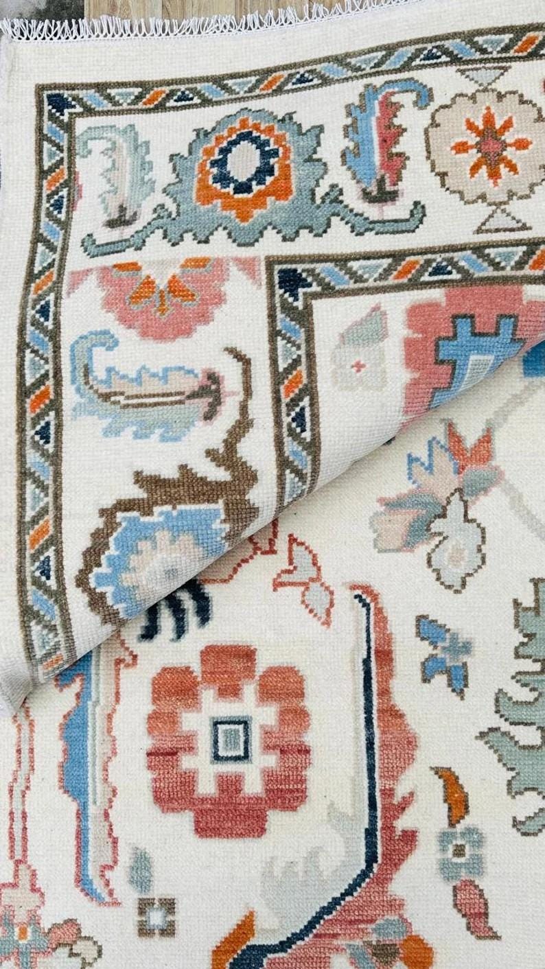 CAMBERTON Hand-Knotted Ivory Oushak Rug - Pastel Floral Wool Carpet