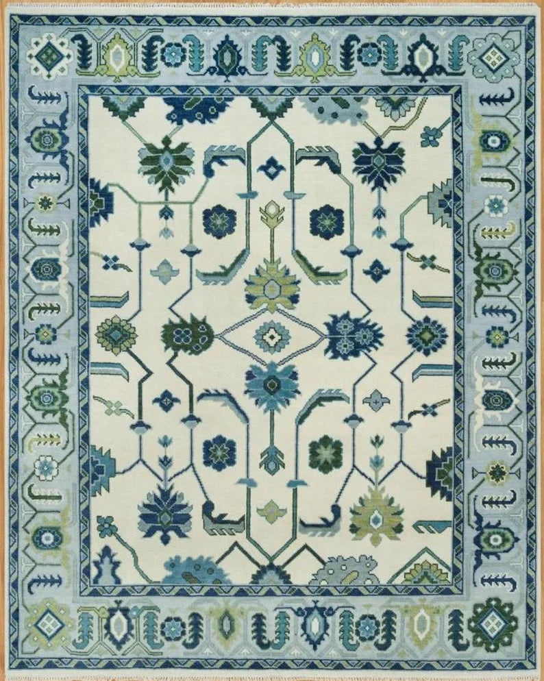 ARDENHALL Hand-Knotted Oushak Wool Rug - Cream and Sky Blue Oriental Style