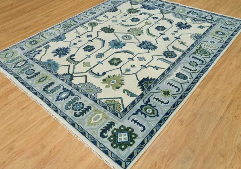 ARDENHALL Hand-Knotted Oushak Wool Rug - Cream and Sky Blue Oriental Style