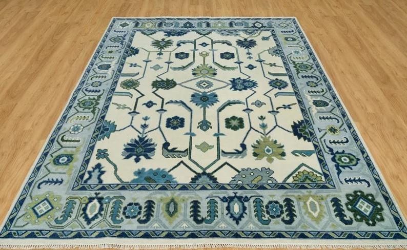 ARDENHALL Hand-Knotted Oushak Wool Rug - Cream and Sky Blue Oriental Style