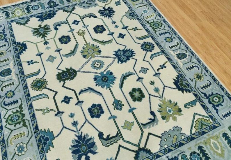 ARDENHALL Hand-Knotted Oushak Wool Rug - Cream and Sky Blue Oriental Style