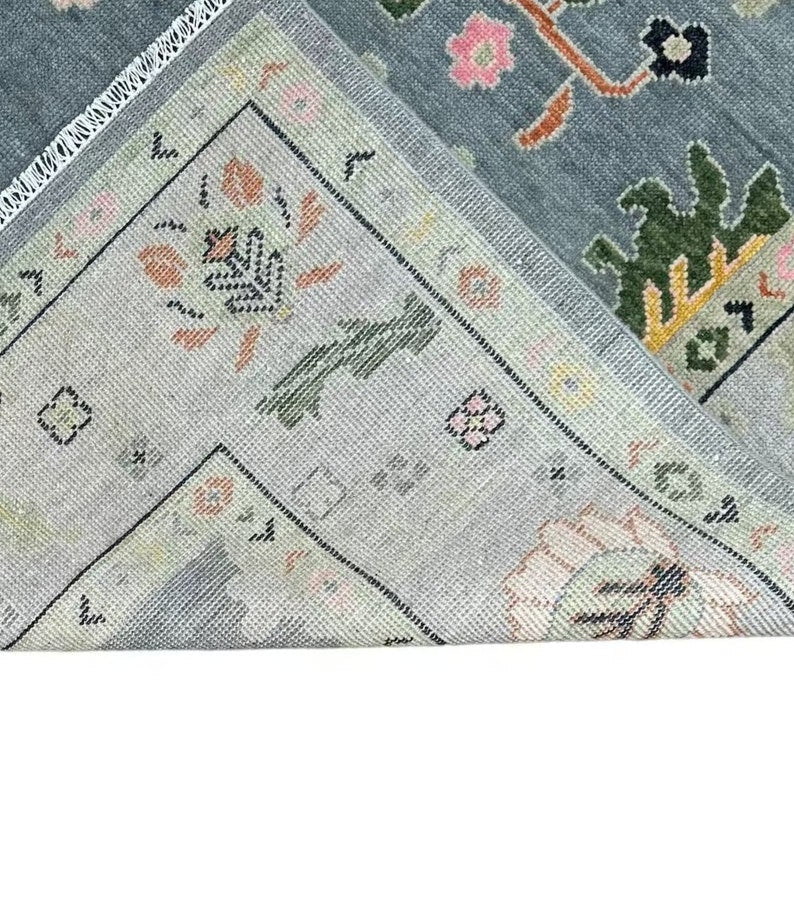 Gray Oushak Wool Rug - Turkish Hand-Knotted Area Rug with Peach & Gold