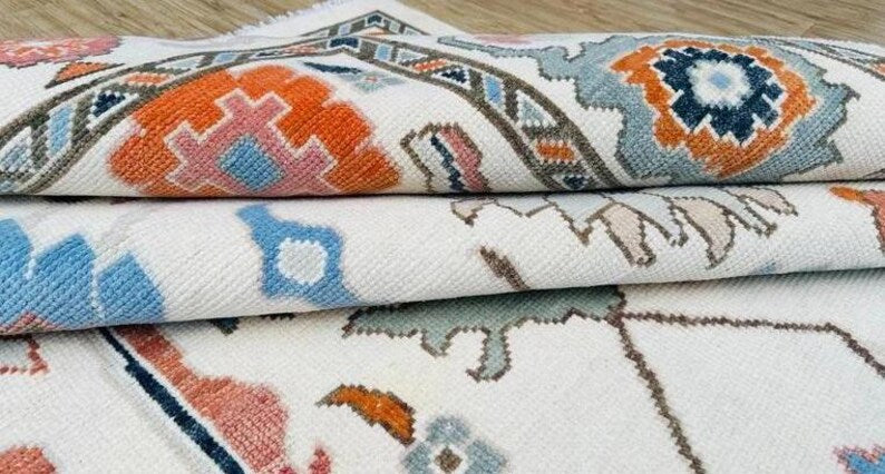 CAMBERTON Hand-Knotted Ivory Oushak Rug - Pastel Floral Wool Carpet