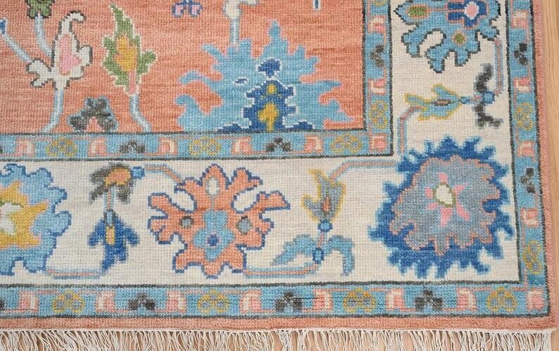 AUREMONT Handmade Oushak Wool Rug - Peach, Ivory & Brown Floral Medallion