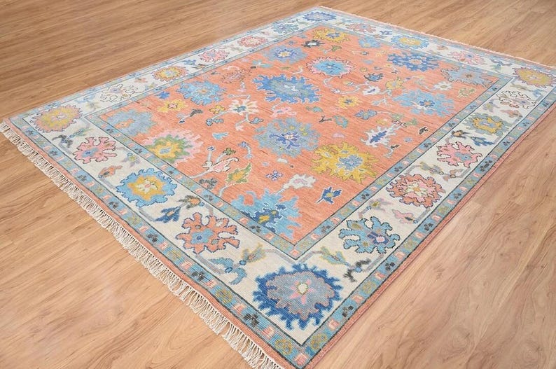 AUREMONT Handmade Oushak Wool Rug - Peach, Ivory & Brown Floral Medallion
