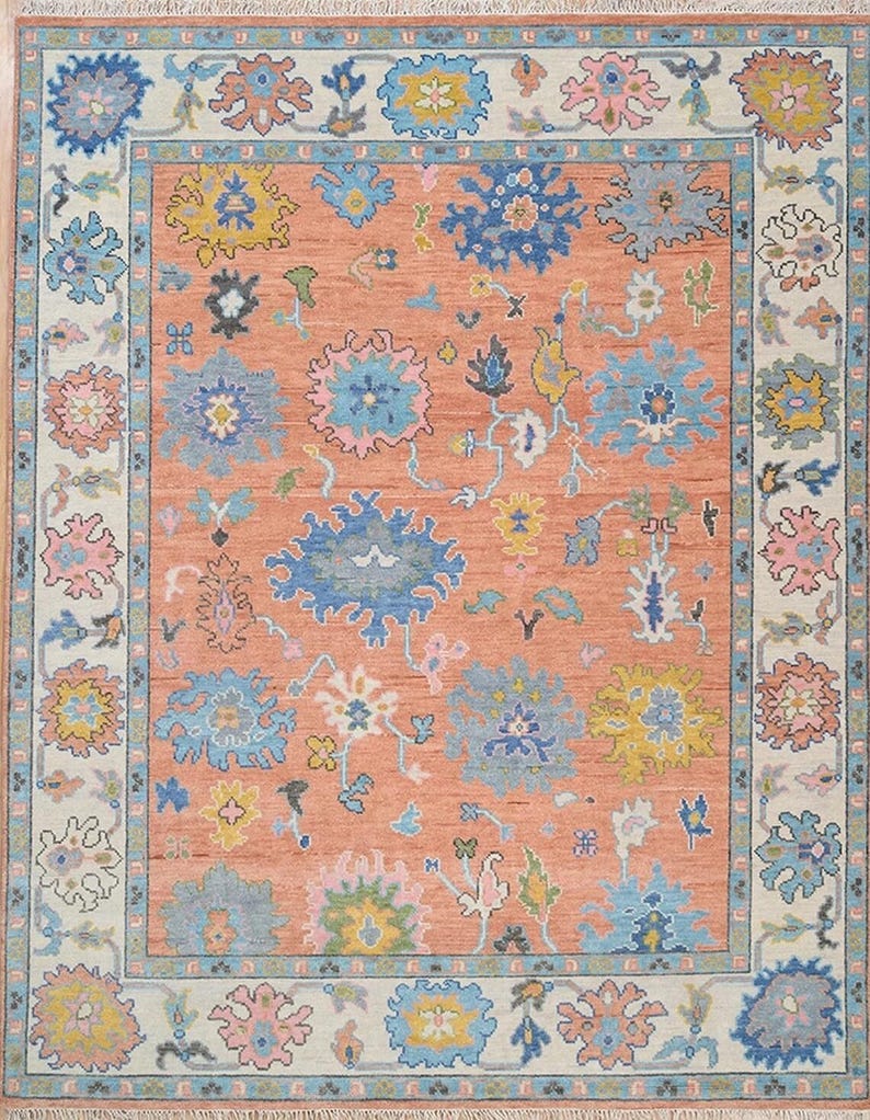 AUREMONT Handmade Oushak Wool Rug - Peach, Ivory & Brown Floral Medallion