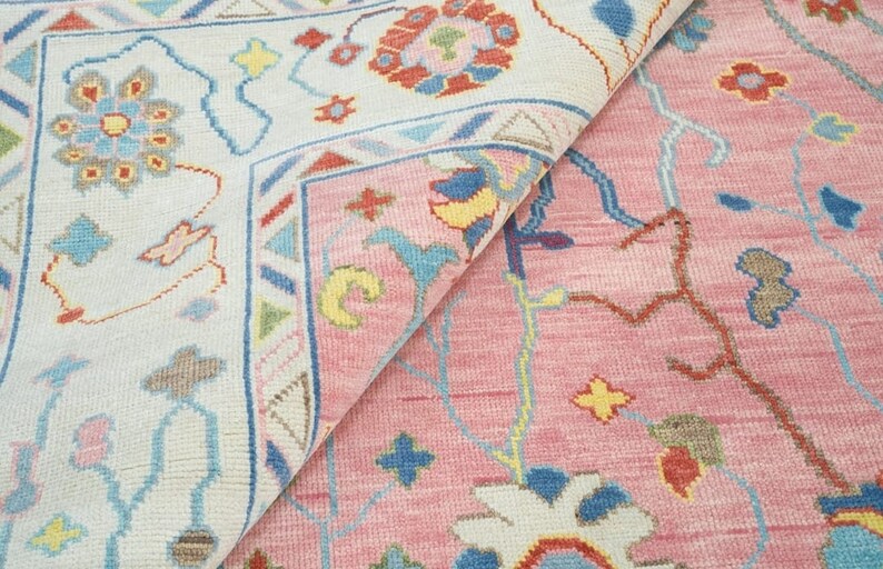 Hand-Knotted Oushak Wool Rug: Pink Beige Pastel Area Rug
