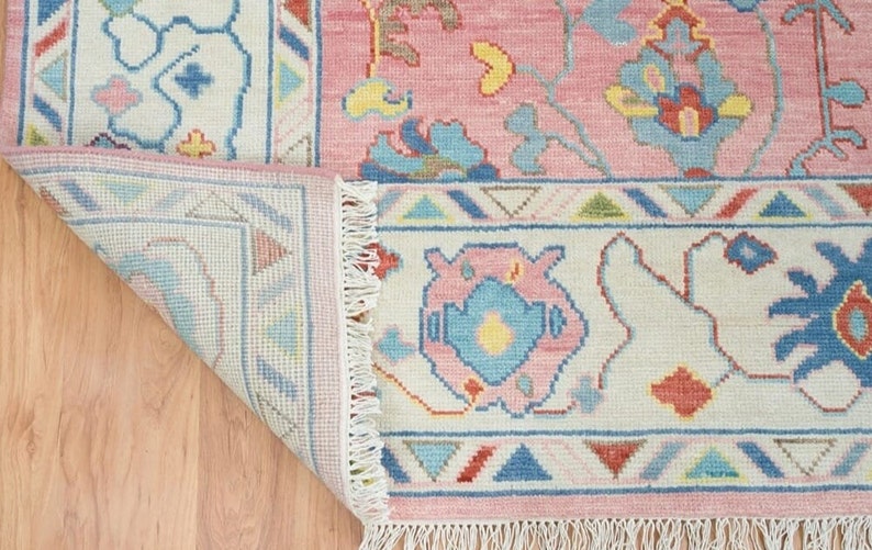 Hand-Knotted Oushak Wool Rug: Pink Beige Pastel Area Rug