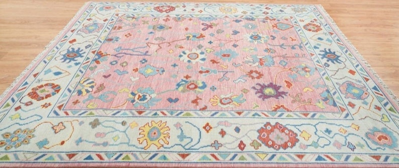 Hand-Knotted Oushak Wool Rug: Pink Beige Pastel Area Rug
