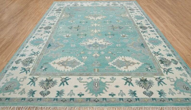 Aqua Oushak Rug Handmade Turquoise Blue Cream Border Area Rug - Hand Knotted Wool Rug, For Living Room Office Bedroom