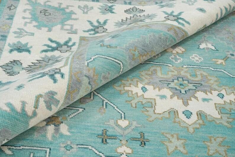 Aqua Oushak Rug Handmade Turquoise Blue Cream Border Area Rug - Hand Knotted Wool Rug, For Living Room Office Bedroom