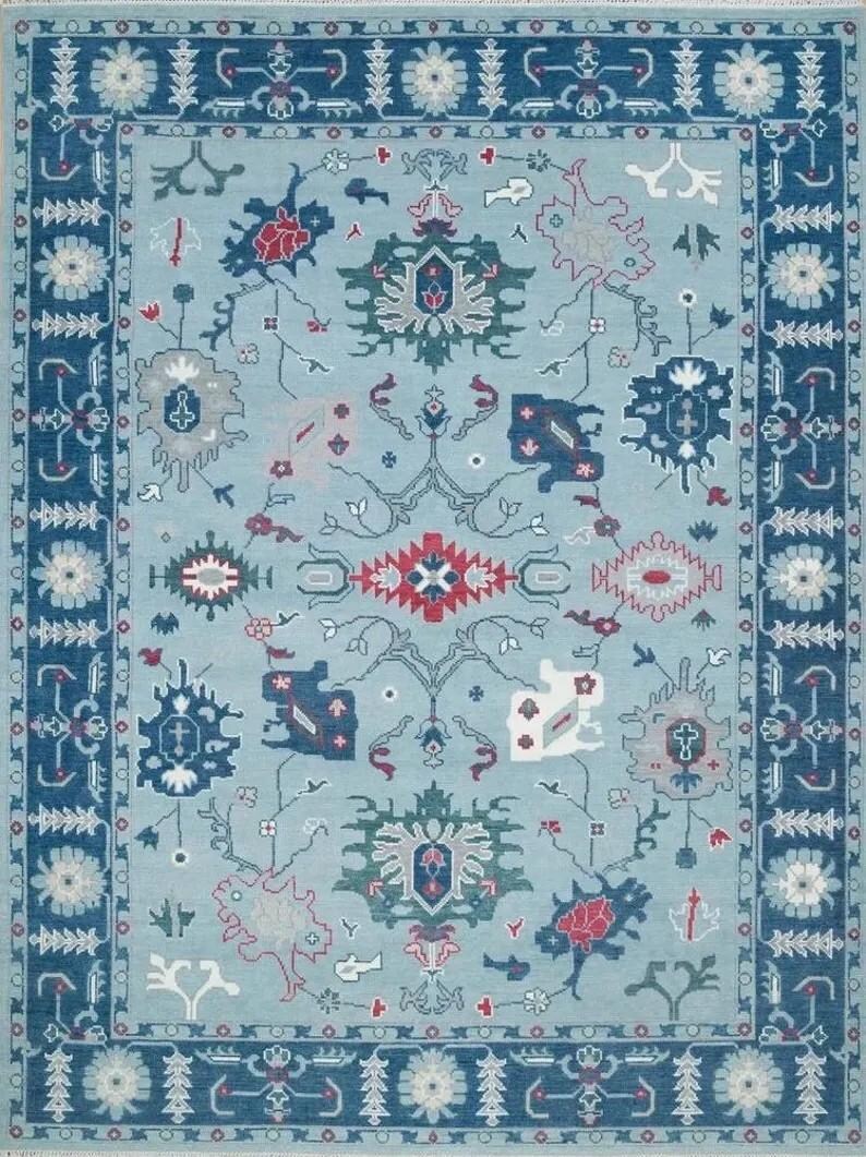 VALMERE Turkish Oushak Rug - Light Blue Farmhouse color