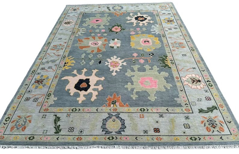 Gray Oushak Wool Rug - Turkish Hand-Knotted Area Rug with Peach & Gold
