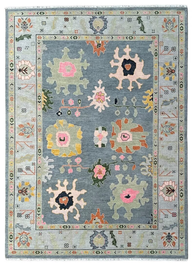 Gray Oushak Wool Rug - Turkish Hand-Knotted Area Rug with Peach & Gold