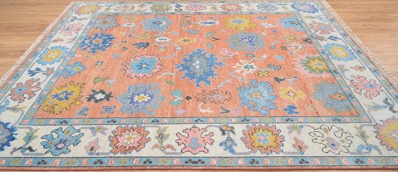 AUREMONT Handmade Oushak Wool Rug - Peach, Ivory & Brown Floral Medallion
