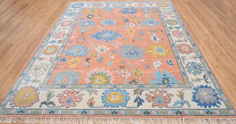 AUREMONT Handmade Oushak Wool Rug - Peach, Ivory & Brown Floral Medallion