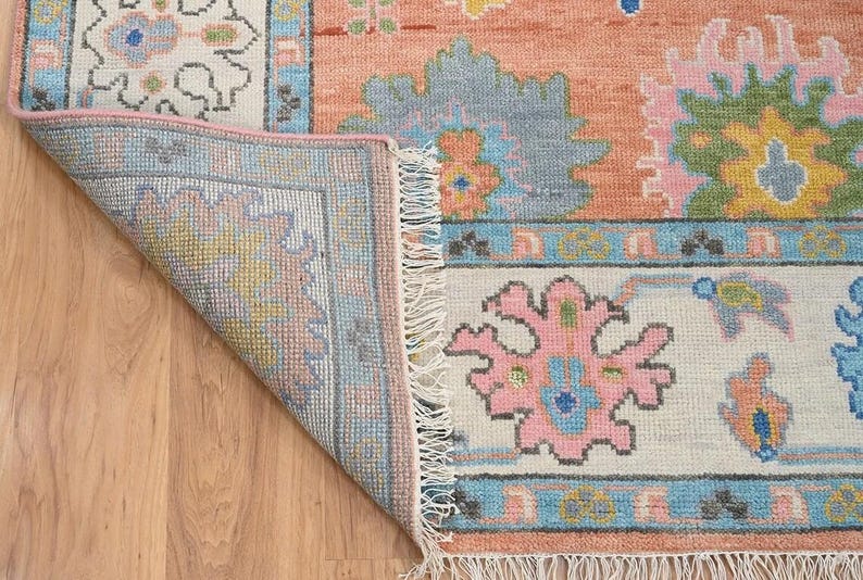 AUREMONT Handmade Oushak Wool Rug - Peach, Ivory & Brown Floral Medallion