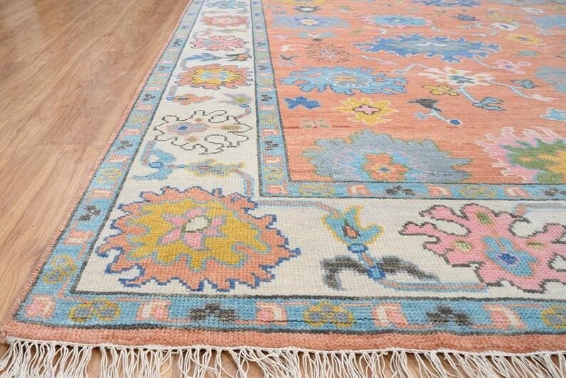 AUREMONT Handmade Oushak Wool Rug - Peach, Ivory & Brown Floral Medallion
