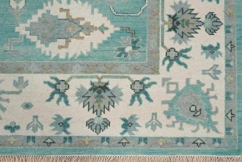 Aqua Oushak Rug Handmade Turquoise Blue Cream Border Area Rug - Hand Knotted Wool Rug, For Living Room Office Bedroom