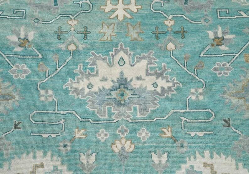 Aqua Oushak Rug Handmade Turquoise Blue Cream Border Area Rug - Hand Knotted Wool Rug, For Living Room Office Bedroom