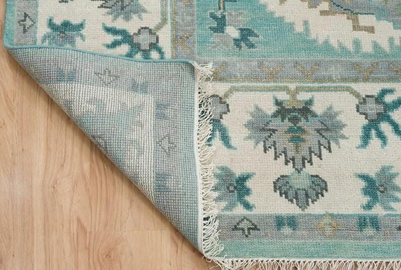 Aqua Oushak Rug Handmade Turquoise Blue Cream Border Area Rug - Hand Knotted Wool Rug, For Living Room Office Bedroom