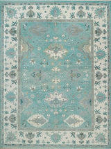 Aqua Oushak Rug Handmade Turquoise Blue Cream Border Area Rug - Hand Knotted Wool Rug, For Living Room Office Bedroom