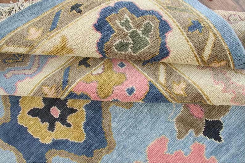 Hand-Knotted Wool Oushak Rug - Grey Floral Turkish Carpet