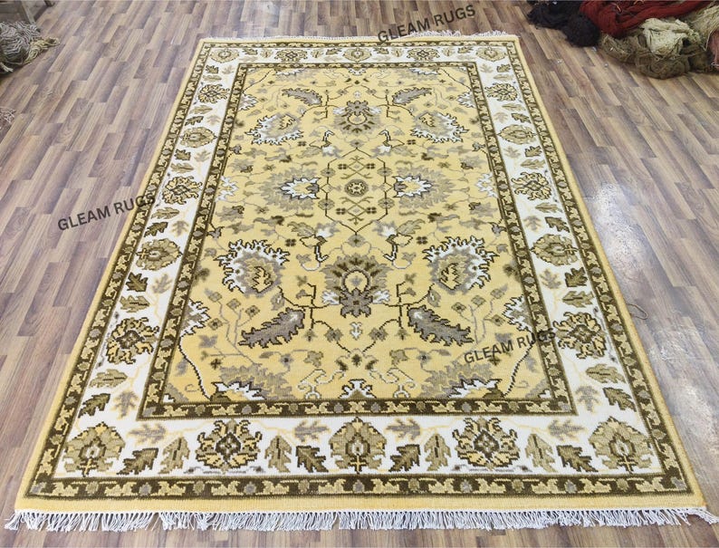 Hand-Knotted Wool Oushak Rug - Gold Turkish Antique Style