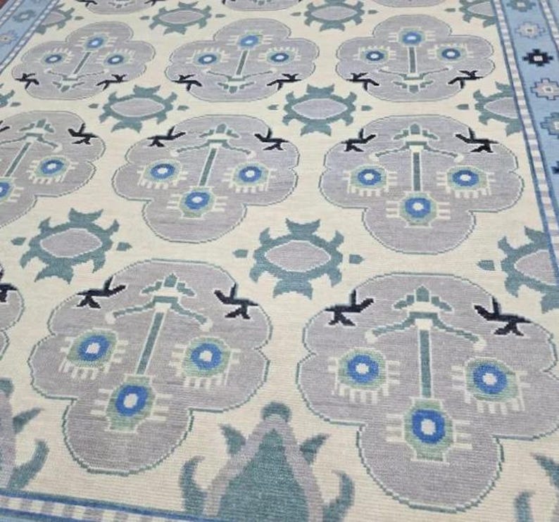 DESERT WILLOW Hand Knotted Oushak Rug - Steel Gray & Beige Handmade Turkish Rug