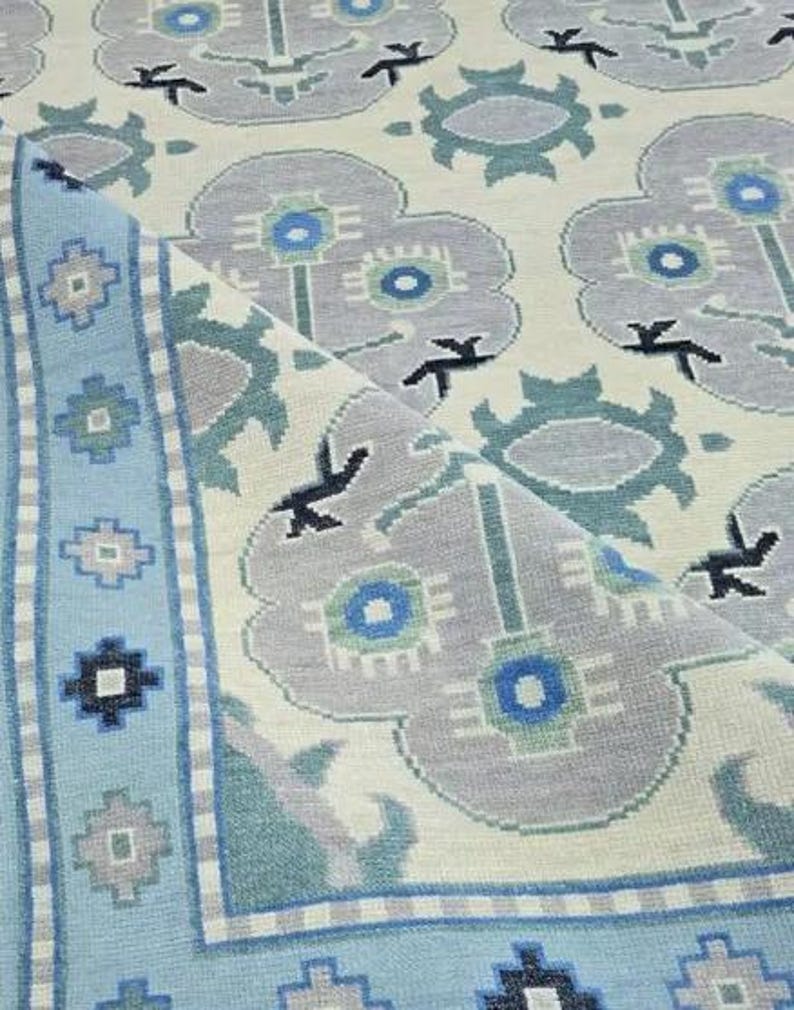 DESERT WILLOW Hand Knotted Oushak Rug - Steel Gray & Beige Handmade Turkish Rug