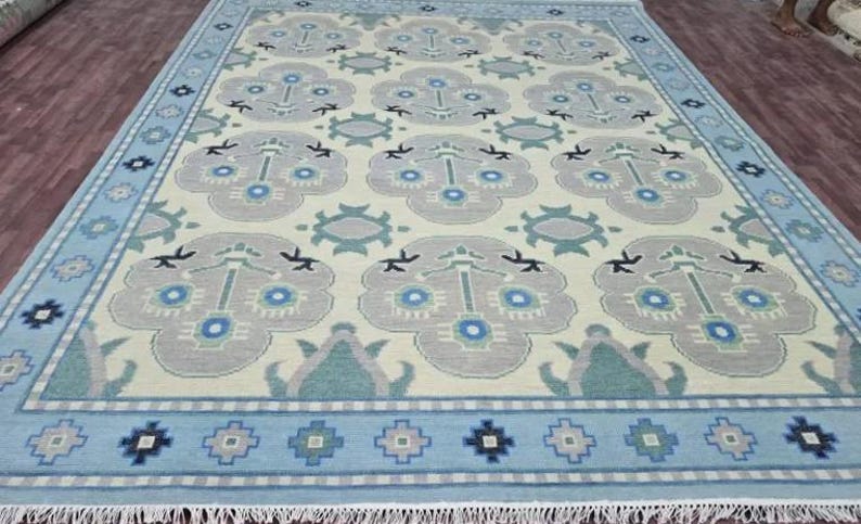 DESERT WILLOW Hand Knotted Oushak Rug - Steel Gray & Beige Handmade Turkish Rug