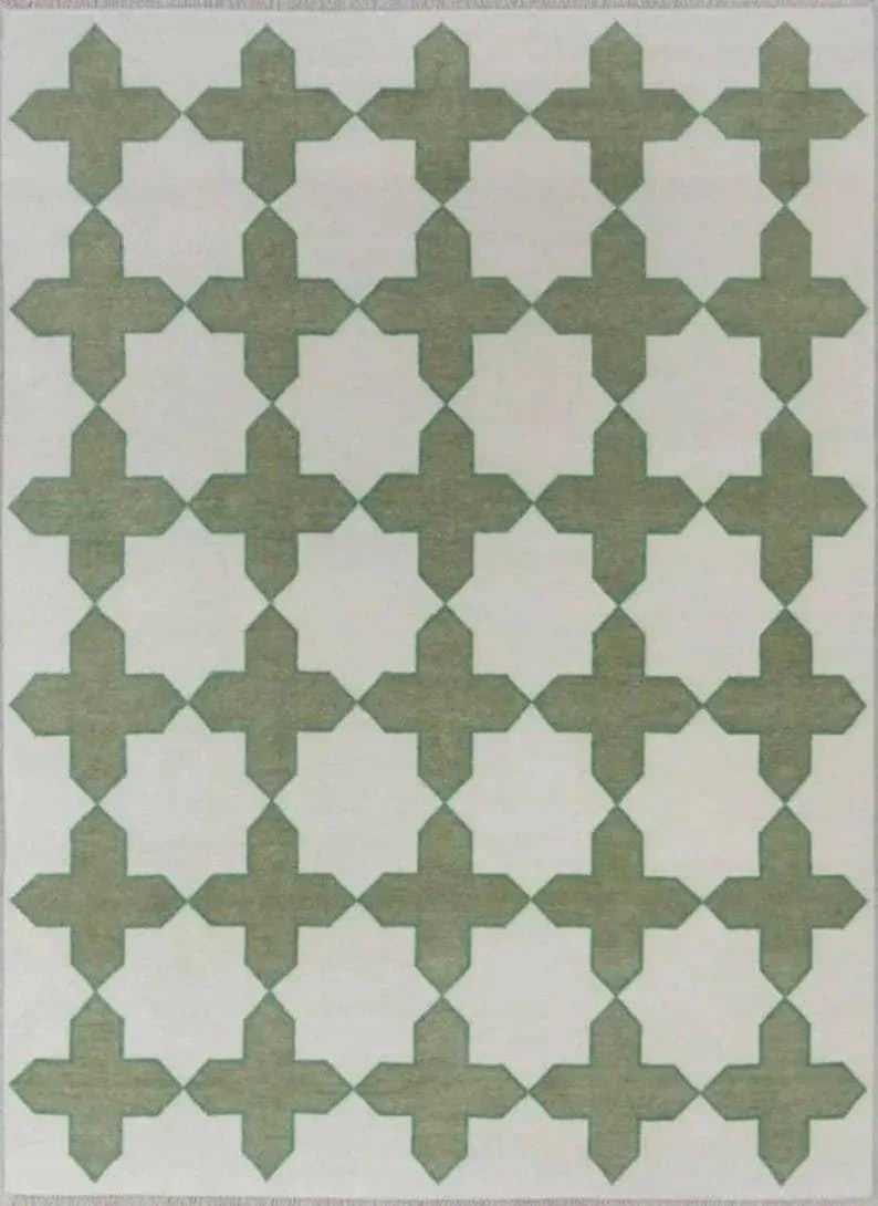 AMBERCREST Hand-knotted Wool Oushak Rug - Modern Green & Beige Area Rug