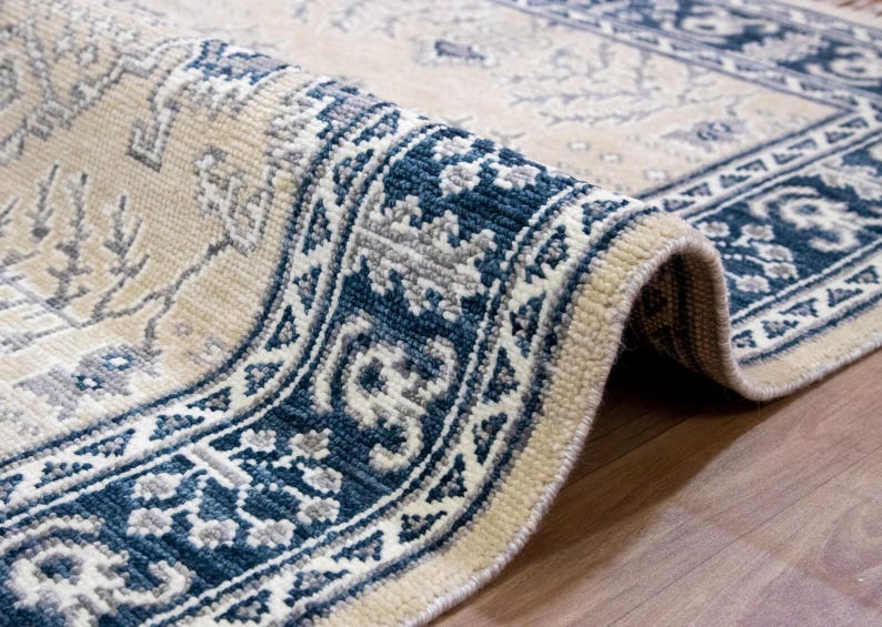 CALIENNE Oriental Rug – Beige & Navy Blue Turkish Oushak Carpet