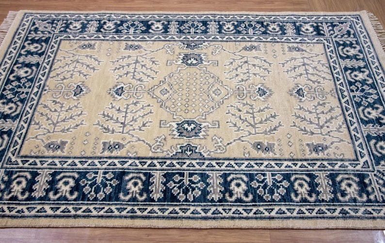 CALIENNE Oriental Rug – Beige & Navy Blue Turkish Oushak Carpet