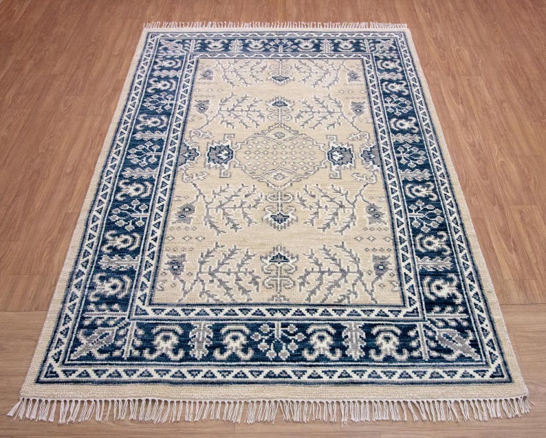 CALIENNE Oriental Rug – Beige & Navy Blue Turkish Oushak Carpet
