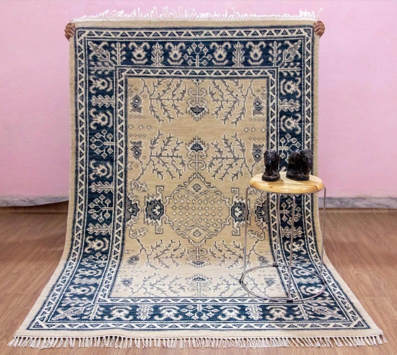 CALIENNE Oriental Rug – Beige & Navy Blue Turkish Oushak Carpet