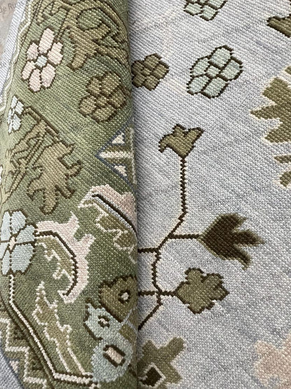 Hand Knotted Oushak Rug - Vintage Transitional Style (Blue Green Pink)