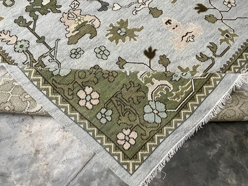 Hand Knotted Oushak Rug - Vintage Transitional Style (Blue Green Pink)