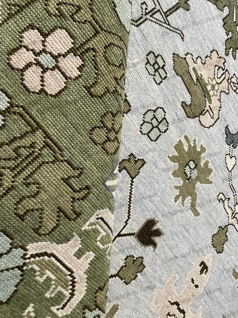 Hand Knotted Oushak Rug - Vintage Transitional Style (Blue Green Pink)