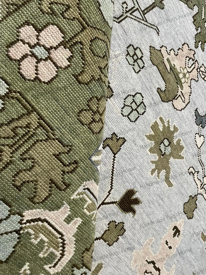 Hand Knotted Oushak Rug - Vintage Transitional Style (Blue Green Pink)