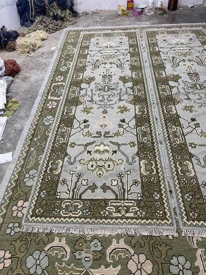Hand Knotted Oushak Rug - Vintage Transitional Style (Blue Green Pink)