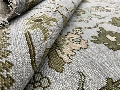 Hand Knotted Oushak Rug - Vintage Transitional Style (Blue Green Pink)