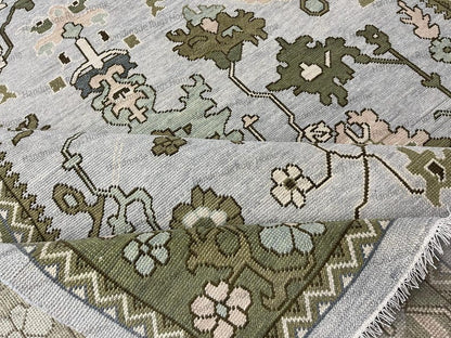 Hand Knotted Oushak Rug - Vintage Transitional Style (Blue Green Pink)