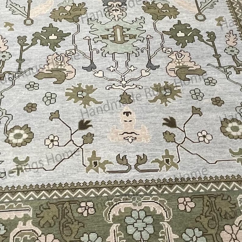 Hand Knotted Oushak Rug - Vintage Transitional Style (Blue Green Pink)