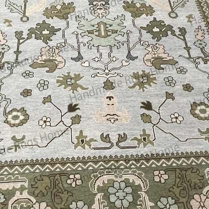 Hand Knotted Oushak Rug - Vintage Transitional Style (Blue Green Pink)