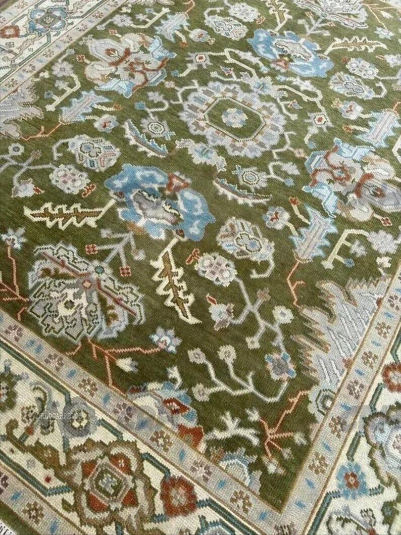 Hand Knotted Oushak Wool Rug - Moss Green Turkish Area Rug