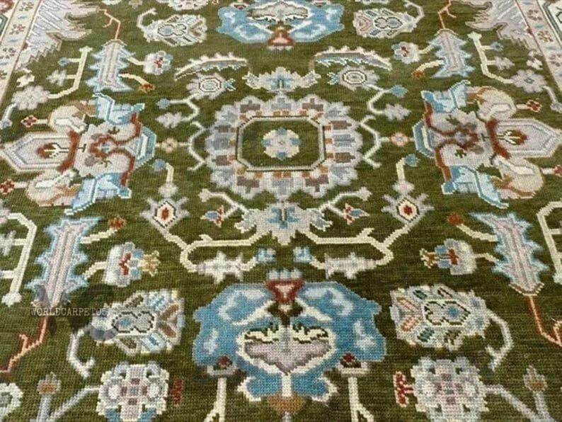 Hand Knotted Oushak Wool Rug - Moss Green Turkish Area Rug