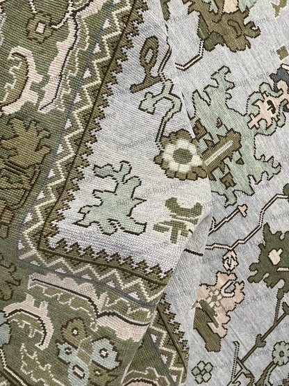 Hand Knotted Oushak Rug - Vintage Transitional Style (Blue Green Pink)