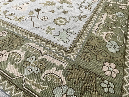 Hand Knotted Oushak Rug - Vintage Transitional Style (Blue Green Pink)